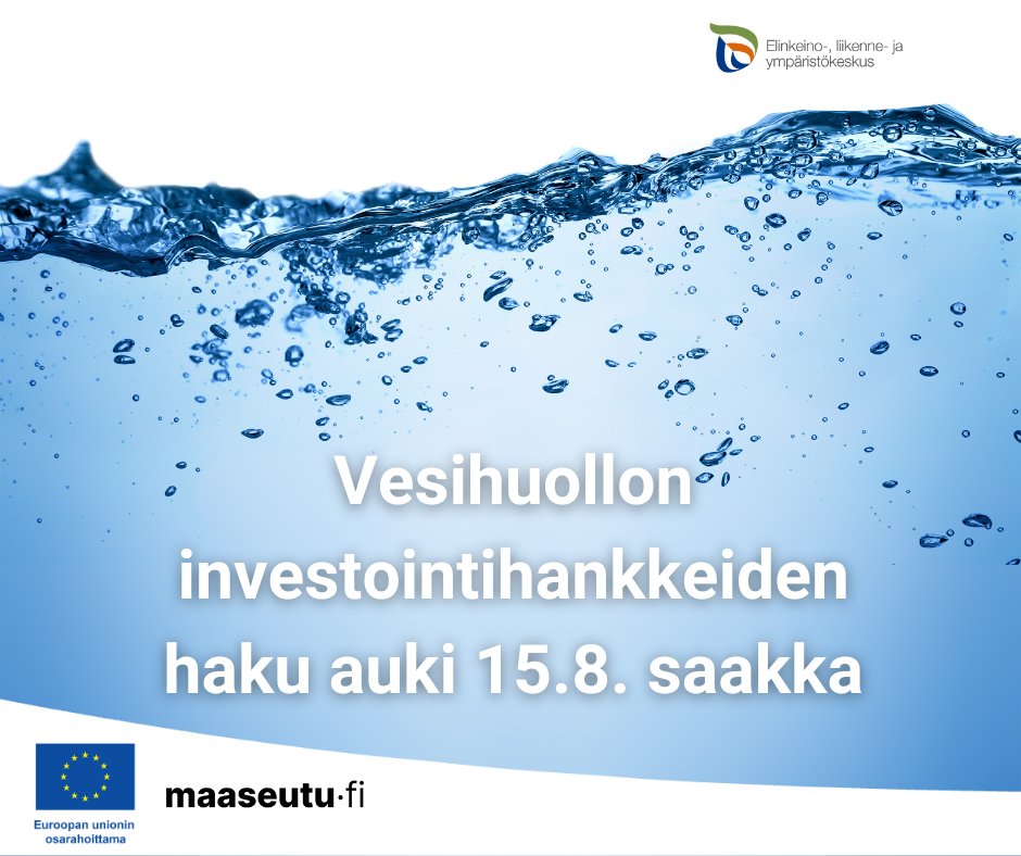 Vesihuollon investointihankkeiden haku on auki 15.8. saakka! 🫧

💧Lapin ELY-keskus voi tukea vesihuoltoinvestointina pienimuotoista vesihuollon digitalisaatiota, energia- ja resurssitehokkuutta sekä turvallisuutta lisääviä investointeja.

Lisätiedot: maaseutu.fi/lappi