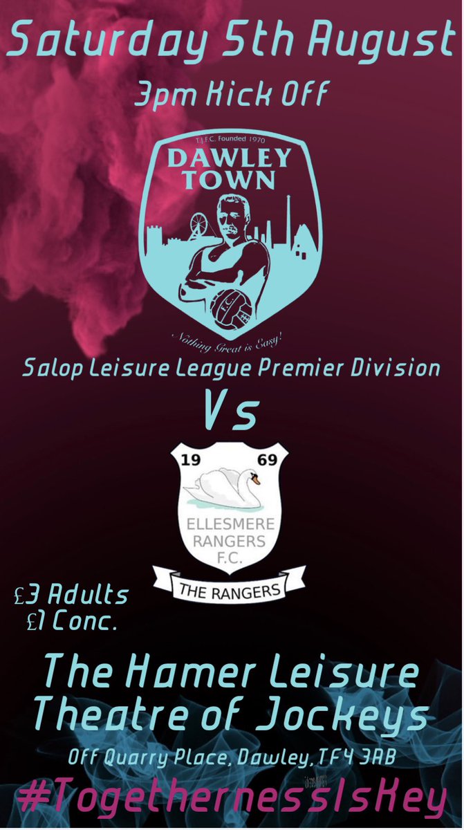 DawleyTownFC's tweet photo. This is it folks! Back to competitive football this Saturday versus @EllesRangers_FC Come down to the Hamer Leisure Theatre of Jockeys for the first game of the season proper, as we look to defend our title! Letโs get the season off to a flyer!!! #UpTheJockeys #TogethernessIsKey https://t.co/R9odXQVEjd