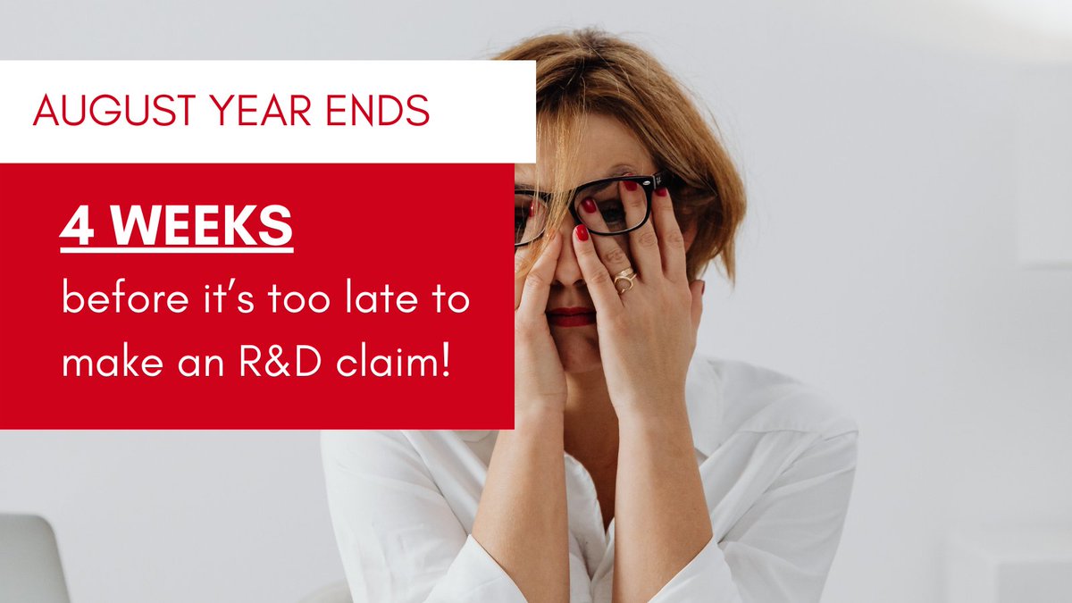 Have a client with an AUGUST Year End?

They have JUST 4 WEEKS to make an R&amp;D claim.

Miss it, and they’ll lose their claim.

Don’t wait, act now.

#accountingandaccountants #uksmallbusiness #uktax