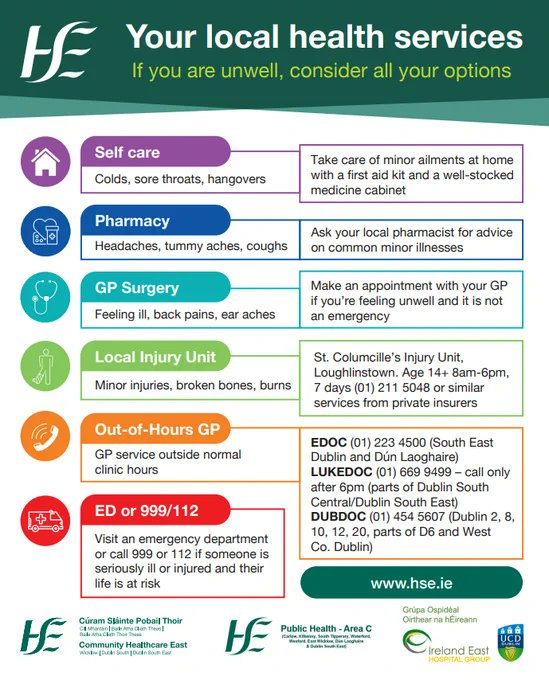 StColumcillesH1's tweet photo. If you are unwell or need medical assistance in DUBLIN SOUTH / DUBLIN SOUTH EAST this bank holiday weekend, remember various local healthcare options are available⬇️

@HSELive 
@IEHospitalGroup 
@Ch6East https://t.co/kyw8SetcYf