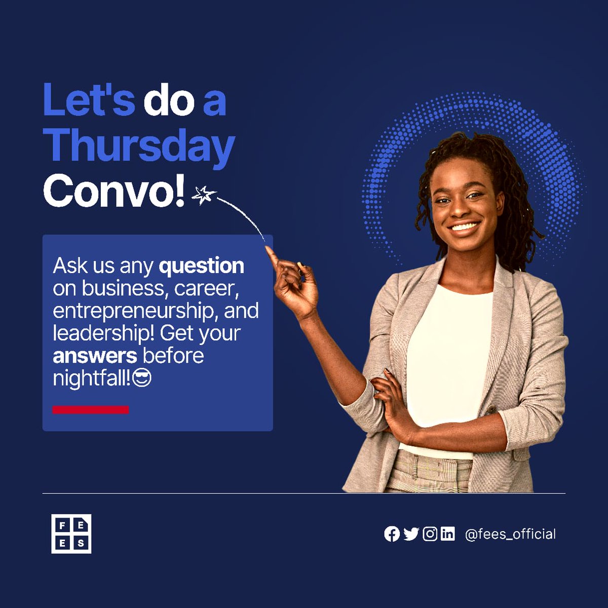fees_official's tweet photo. Thursday Convo O'clock!π
Drop your questions in the comment section and get your answers from industry experts before nightfall!π
Let's do this!πͺπ½πͺπ½πͺπ½
#FEES #feesconversations #careerconvo #careertips #professionaldevelopment https://t.co/T3Qugg6NOh