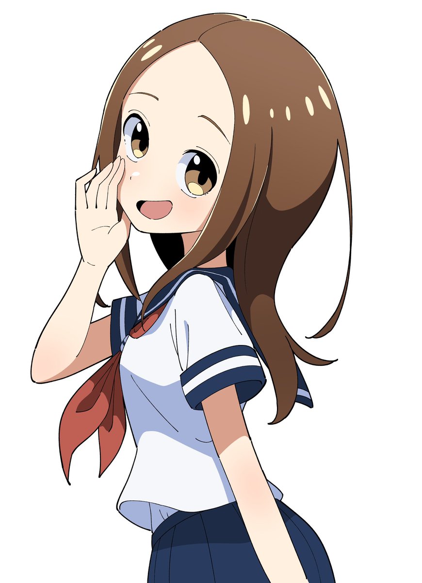 takagi-san 1girl solo brown hair school uniform brown eyes simple background white background  illustration images