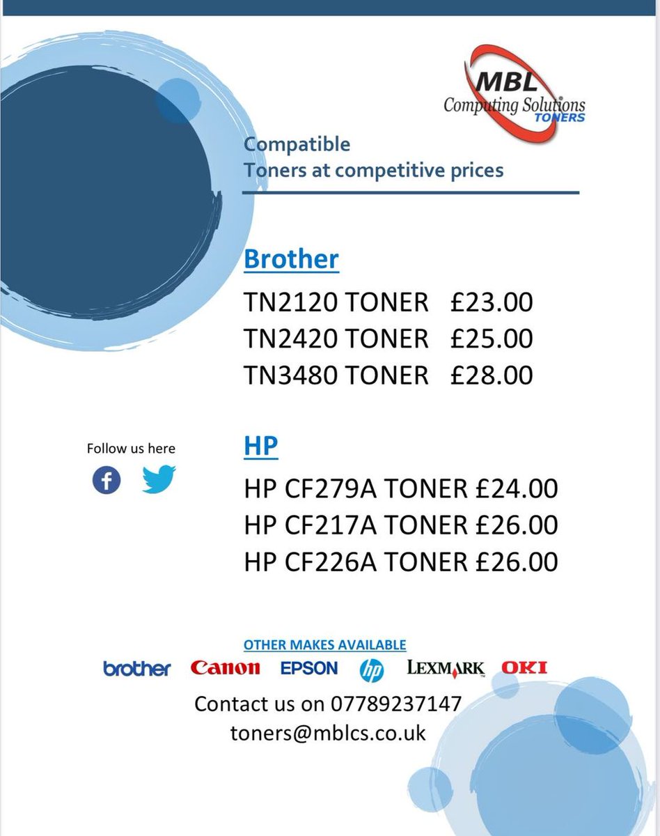 MblToners's tweet photo. Check out some of our August deals…
More available on our page, come and join us for cheaper printing.

Brother, HP, Canon, Epson, Samsung, Ricoh, Lexmark, Oki and more

Contact us for more info on prices and free delivery.

07789237147
toners@mblcs.co.uk https://t.co/3BIU2Kzcru