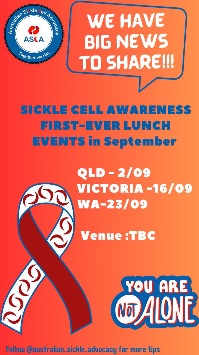 AuSickle's tweet photo. ๐ข๐ฅณ BIG NEWS ๐ฅณ๐ข
๐๏ธ๐ช SICKLE CELL AWARENESS ๐ช๐๏ธ
Back and Better! Join us for our much-anticipated Lunch event, rescheduled from last time !!!!
๐ Mark it in your calendar! ๐๏ธ
#SickleCellDisease
#Australiansicklecell
#TeamASCA https://t.co/xKyqgqWwBf