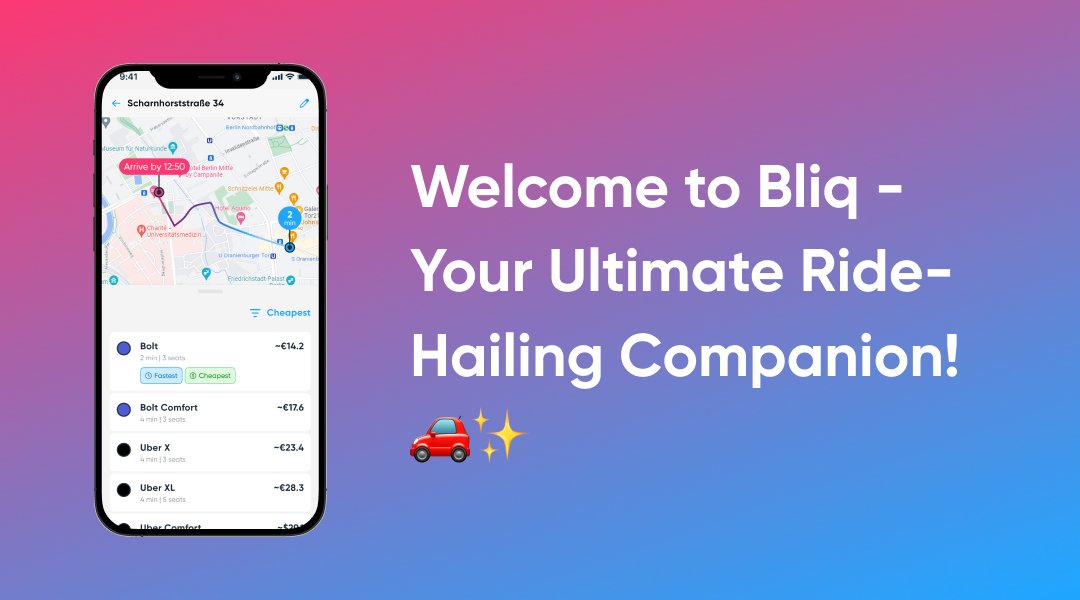 We are happy to announce our app for passengers is live!  
With Bliq, you can compare rides from all your favourite apps. Get ready for a seamless, reliable, and cost-effective ride experience like never before. Join the Bliq community today and let's ride together! 🚗
