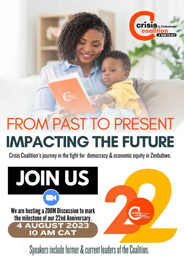 zicomoZW's tweet photo. The @crisiscoalition celebrates its 22nd anniversary today. 

Join us tomorrow for a discussion to reflect on the long and arduous journey for democratic governance and inclusive development in #Zimbabwe 

As the struggle continues, what have been the happy moments?  Sad ones? https://t.co/T150JXccS9