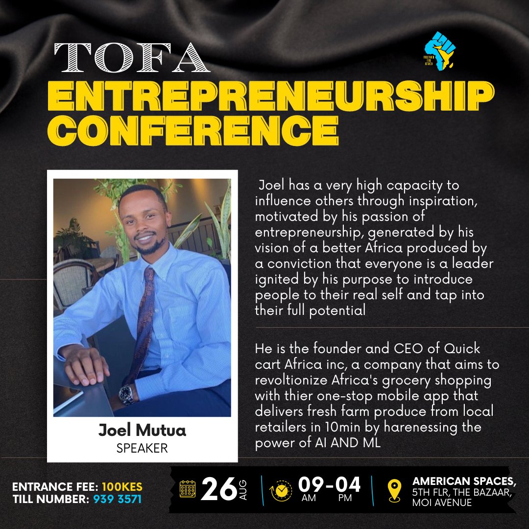 tofaonline's tweet photo. 🎉 Join us at the Tofa Entrepreneurship Conference on August 26, 2023, as we kick off an inspiring journey with our first speaker, @JoelMutua_ ! 🚀

📝 Register now at https://t.co/RM7CNZ1r6G and secure your spot! https://t.co/gP39bzKHm7