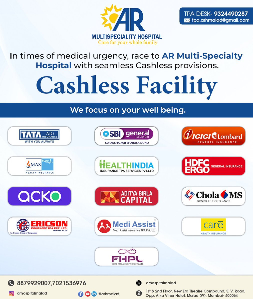 arhospitalmalad's tweet image. Experience hassle-free medical services with our advanced cashless facilities at AR Multi-Specialty Hospital. Your well-being is our priority.

#ARMultispecialityhospital #CashlessFacility #EasyPayments #HassleFreeTransactions #SeamlessCare #HealthcareConvenience