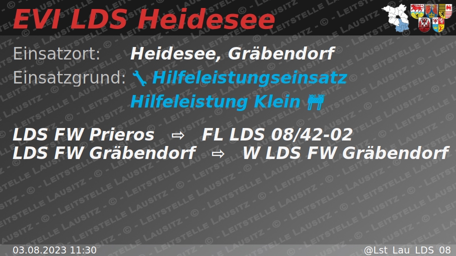 🚨 03.08.2023 11:30 🔧 🚧 H:Klein 🌐 Heidesee, Gräbendorf 🚒 ⇨ FW Prieros, FW Gräbendorf