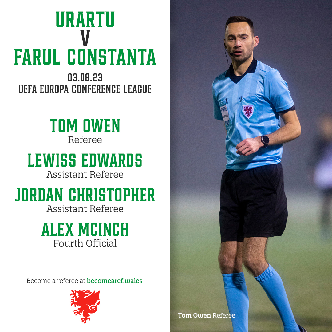 🏴󠁧󠁢󠁷󠁬󠁳󠁿 Iwan Griffith &amp; Tom Owen will both be officiating in the UEFA Europa Conference League this evening. 

Feeling inspired? Visit becomearef.wales