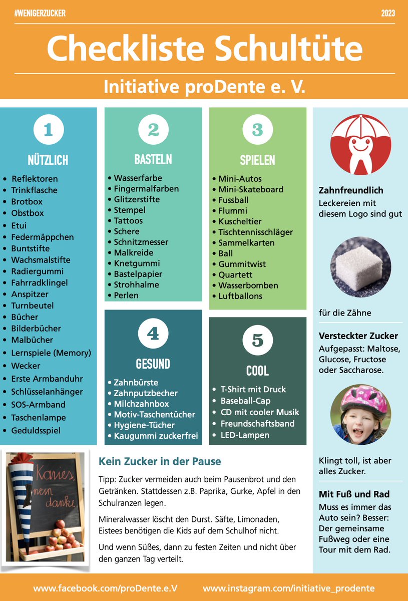 Vorfreude. Der erste Schultag naht! Eine gut gefüllte - aber zuckerhaltige - Schultüte gehört natürlich dazu. 
Aber auch kleine Geschenke können den Schulanfang versüßen. Denn Kinder in Deutschland essen viel zu viel Zucker. 
Unsere Tipps. #Schultüte #Zuckertüte #schulstart