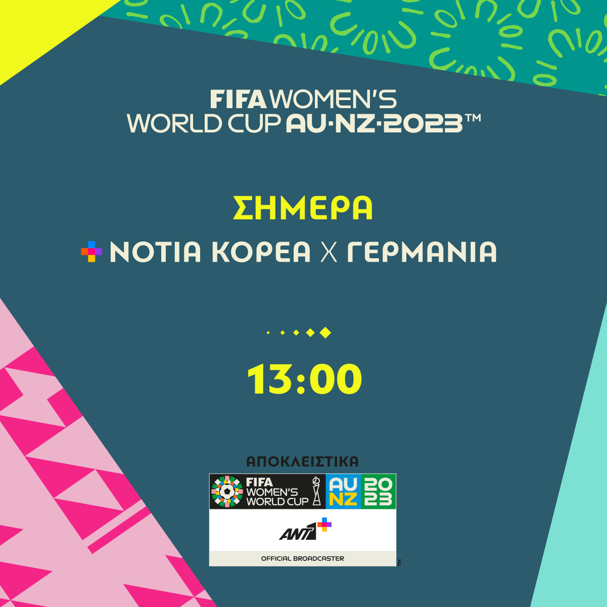 FIFAWWCGR's tweet photo. Το πρόγραμμα της ημέρας!⚽️ 

#FIFAWomensWorldCupGR #FIFAWomensWorldCup #BeyondGreatness📷 #staytuned #ant1plus https://t.co/CkpVQ4qkbQ