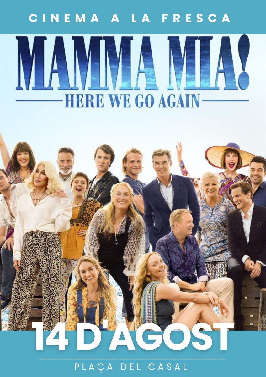 Aquestes nits d'estiu ve de gust una mica de Cinema a la Fresca!🎥 
Apropat a la plaça del Casal el 14 d'agost a les 22.00 h a veure "Mamma Mia: Here We Go Again!"

#cunit #cunit_turisme