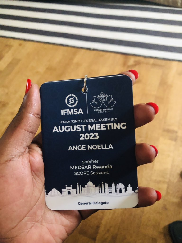 AngeNoellaWase's tweet photo. Grateful to all for making me physically attend  the 72nd IFMSA August Meeting in Delhi, India happening from 1-7 August 2023. Excited to engage, learn and contribute as a @medsar_rwanda delegate and an @IFMSA session team member. @medsar_rwanda @JosephRyarasa @norbert_tuy https://t.co/JNJDcH1quP