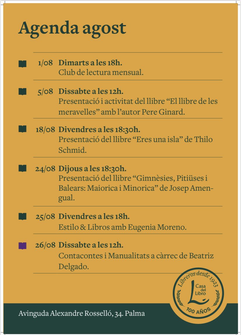 Agenda mes d’agost a <a href="/casadellibro/">Casa del Libro</a> #Palma 
<a href="/eugeniaimagen/">Eugeniaimagen@gmail.com</a> 
<a href="/DocumentaBalear/">Documenta Balear</a> 
<a href="/clubdelectura/">Club de lectura</a>
<a href="/cuentacuentos/">cuentacuentos</a>