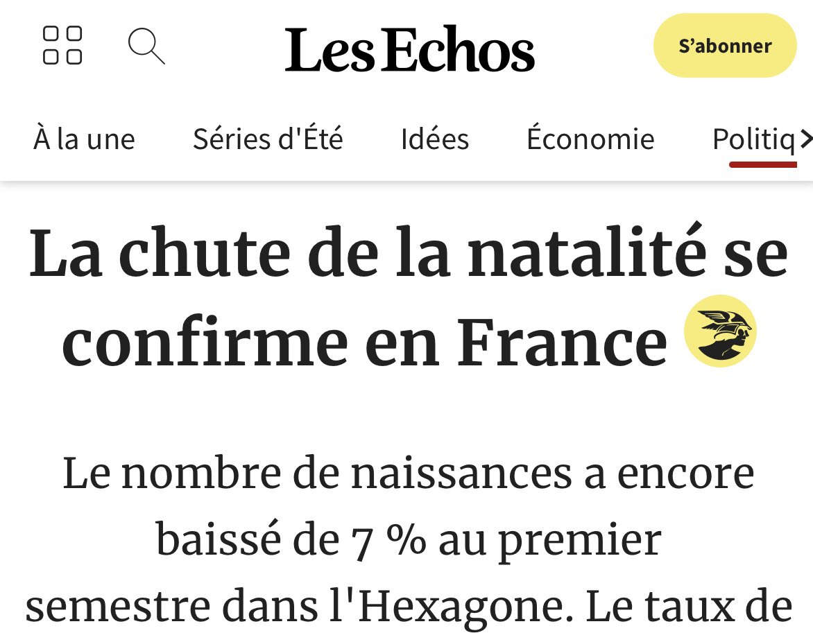 Terrible ! Les Échos : « De janvier à juin 2023 en France, le nombre de décès (313 300) a presque dépassé celui des naissances (314 400) » ! Inédit !

Effondrement de 7% de la natalité encore une fois, et explosion de la mortalité.

Les covidistes doivent payer pour leur crime !