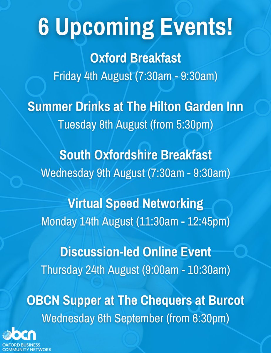 Ox_Biz_Network's tweet photo. Breakfasts, social drinks, online or supper the choice is yours!
Starting tomorrow we have 6 upcoming events designed to give Oxfordshire businesses a choice of how they network.
ALL WELCOME - book via the link.
https://t.co/C7yYRlngxe
#obcn #business #networking #oxfordshire https://t.co/I9sXLVzlAF