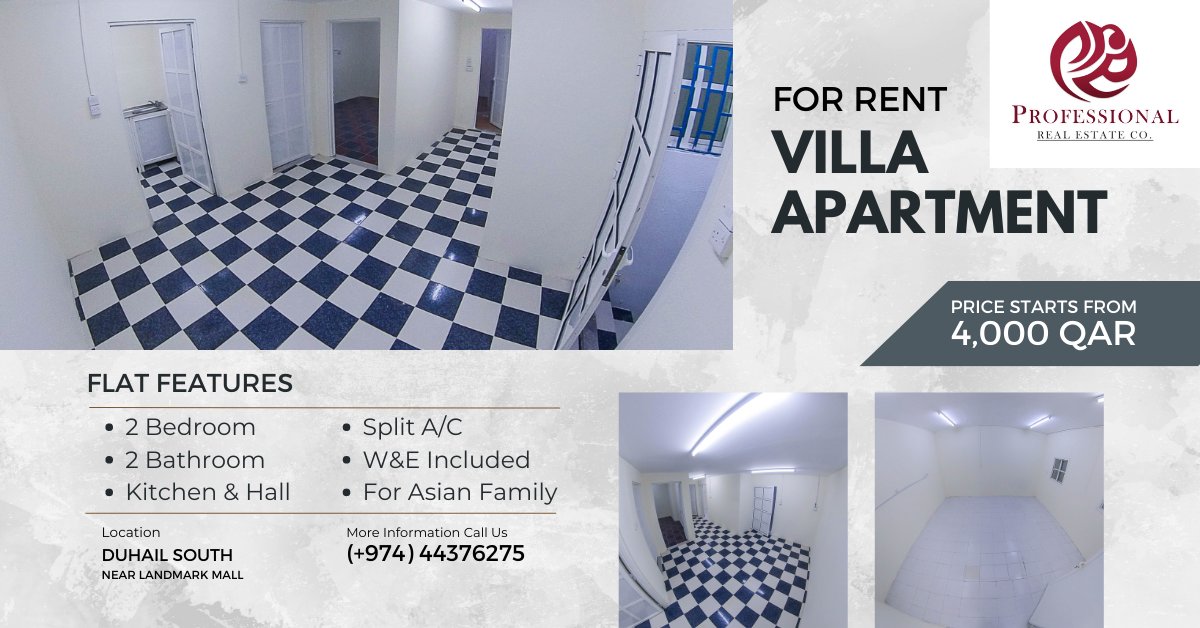 profestate's tweet photo. Unfurnished 2 Bedroom Villa Apartment in Duhail South | Near Landmark Mall | For Asian Family

Unfurnished, 2 Bedroom Villa Apartment in Duhail South
Location: Near Land Mark Mall
Monthly Rent: 4,000QAR

** For Asian Family Only **

DESCRIPTION:
• 2 Bedrooms
• 2 Bathrooms
• Hall
• Kitchen
• Ground Floor

FEATURES AND AMENITIES:
• Split A/C
• Water/Electricity Included
• Outside Parking
• Maintenance
• Security

TERMS AND CONDITIONS:
• Contract Period is 12 Months + 1 Month Security Deposit
��� Contract directly from the owner

For inquiries and assistance contact us:
Mobile (+974) 50554361
Office (+974) 44376275

Visit us and follow our social media pages
https://t.co/UNt0G3wWcL
https://t.co/WpGeRpoPTZ
https://t.co/YRSzwXJ1vn

Welcome To The World Of Fine Living

Please expect some minimal variations between the photos and the actual unit due to valid factors,
such as the specific area of the unit, lighting enhancements, and so forth.

#realestatedoha #apartmentsdoha #profestate