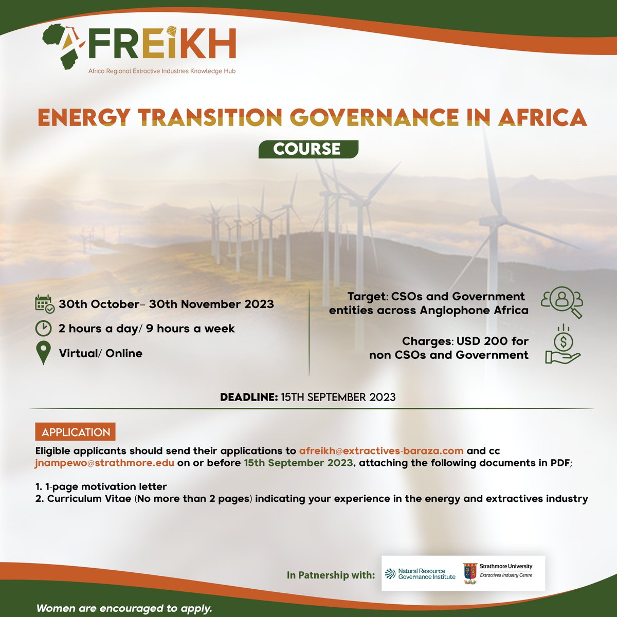 ‼️ Slots are still open for the #AFREIKH course on #ENERGY #TRANSITION #GOVERNANCE IN #AFRICA. Sign up for this engaging short course as we tackle issues on #energytransition #criticalminerals #climatechange in Africa's energy sector. Be part of the change. #AELGP2023