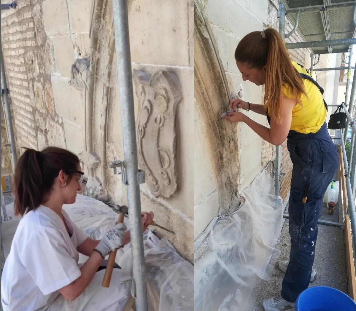A_CR_E's tweet photo. Nuestras socias Natividad Poza e Isabel Alba Fernández nos muestran su trabajo en la 
restauración de la portada del s.XVI del Convento de la Piedad de las Madres Dominicas de Torredonjimeno.
#SomosACRE
#Torredonjimeno
#Jaén 
#Conservación 
#Restauración https://t.co/NnTW4wWvTG