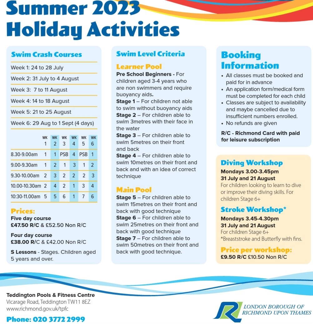 Summer Swim School Crash Course spaces still available.
▶️ Stages 1-7 available
▶️ No web e-form required. 
▶️ ☎️ bookings accepted.
▶️ In person bookings accepted.
▶️ Spaces still available for 21st August workshop.
▶️ New term information available on the website.