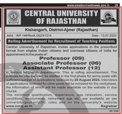 🎓The Central University of Rajasthan is opening doors to brilliance! 
Exciting opportunities for 9 Professors, 6 Associate Professors, and 12 Assistant Professors in various academic departments. 
📚Apply now, last date: 20/08/23! 

 #TeachingJobs #AcademicCareers