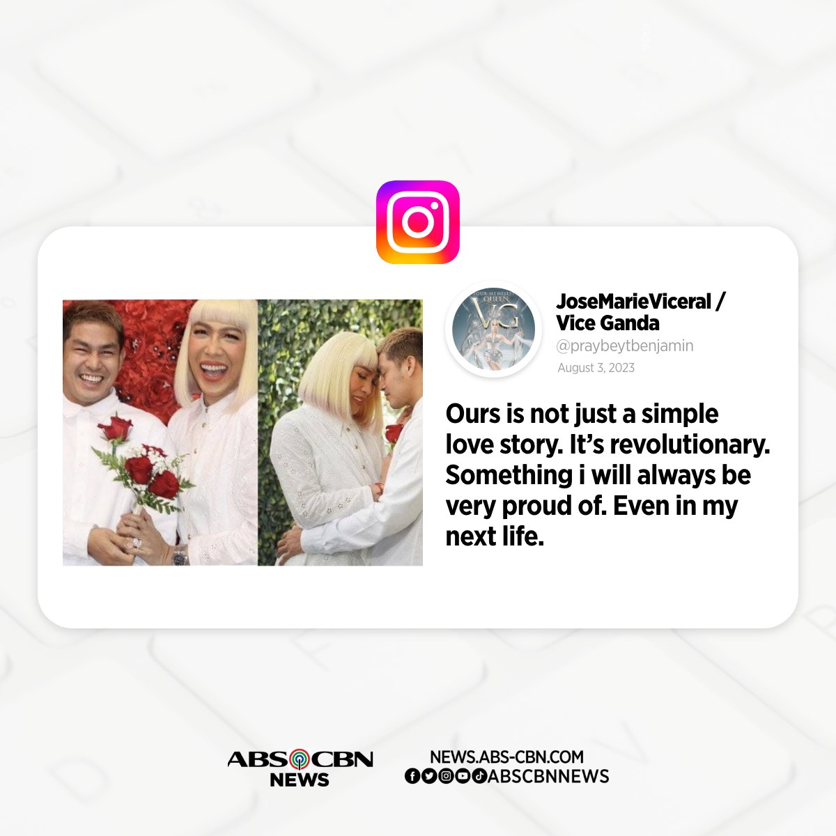 ABSCBNNews's tweet image. LOVE YOU, MEME! 🏳️‍🌈💕

'Showtime' host Vice Ganda posted a wedding photo featuring his husband Ion Perez, says their love story is revolutionary.

Related story: news.abs-cbn.com/entertainment/…
