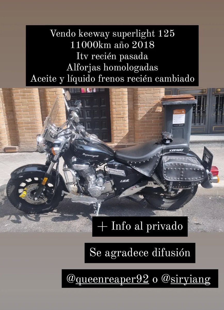 Pantalla de metacrilato alta.
Itv al día en febrero.
Consumo medio de 2.5L/100km.
134kg de peso.
Gasolina 95 o 98.
Pegatina ambiental C.
Con caballete y pata de cabra.
Defensas metálicas a ambos lados.
Apta para el carnet B (3 años de antiguedad) y A1.
+ info MP

1400€ Madrid