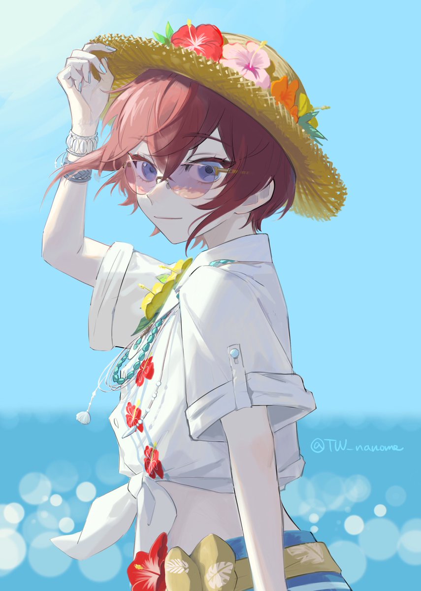 solo hat tied shirt 1boy male focus flower straw hat  illustration images