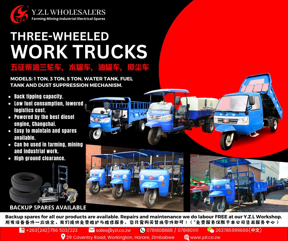 YWholesalers's tweet photo. 😃DURABLE, EFFICIENT AND POWERFUL THREE-WHEELED WORK TRUCKS IN STOCK‼
五征柴油三轮车系列,大大地提升您的工作效率‼
#mining #worktrucks #threewheeltrucks #wuzheng #industrial #fueltruck #dustsupression #irrigation #watertank
GET YOURS TODAY!!! 联系我们!!!
📞+263(242)756 503/223 https://t.co/1WPkyN7vO6