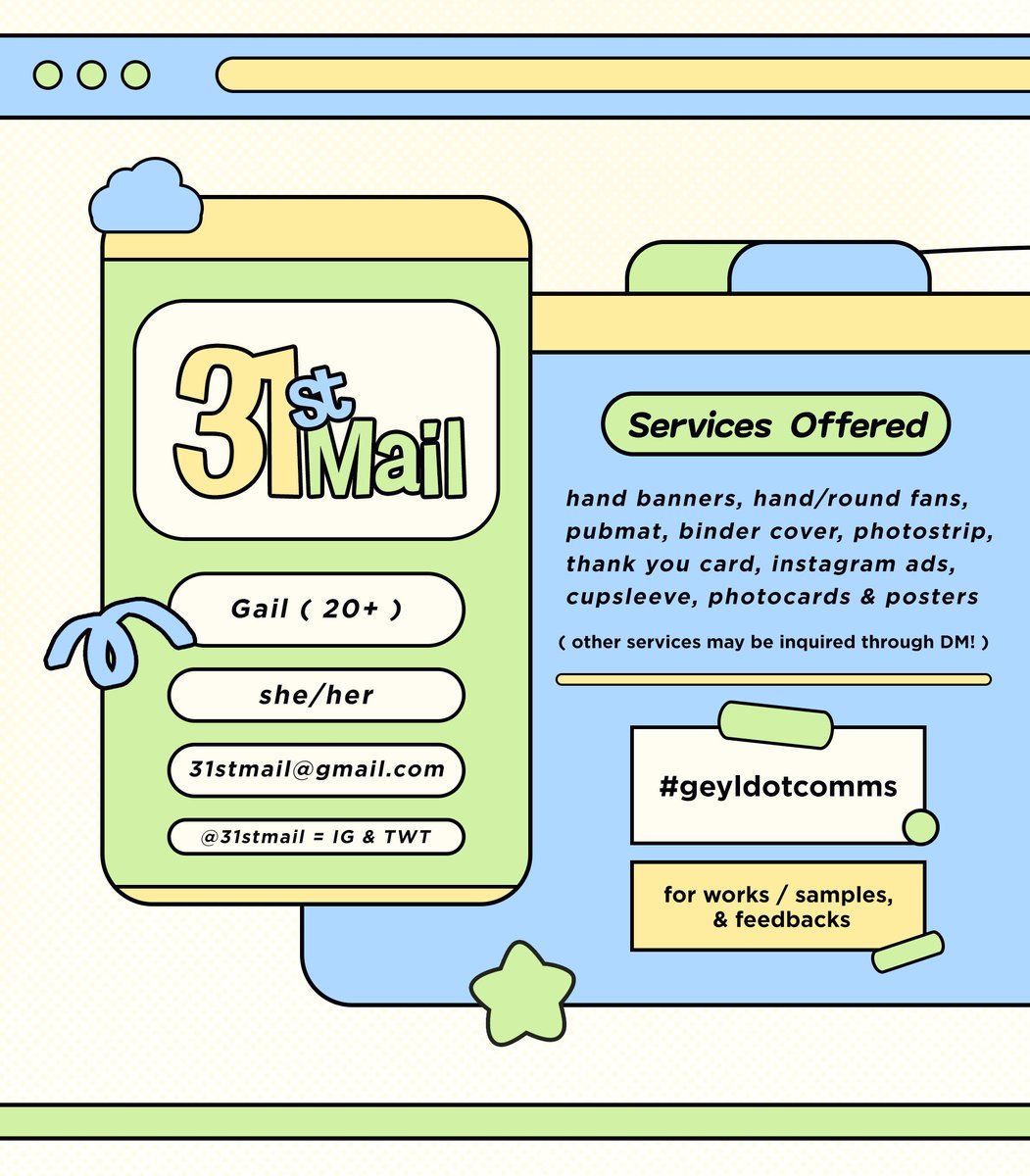 31stmail's tweet photo. ͏͏͏͏͏͏
͏͏͏꒰ ☁️ ꒱ welcome to 31stmail!
design commissions by gail
— portfolio and feedback ( #geyldotcomms ) https://t.co/YFCKgTfEGu