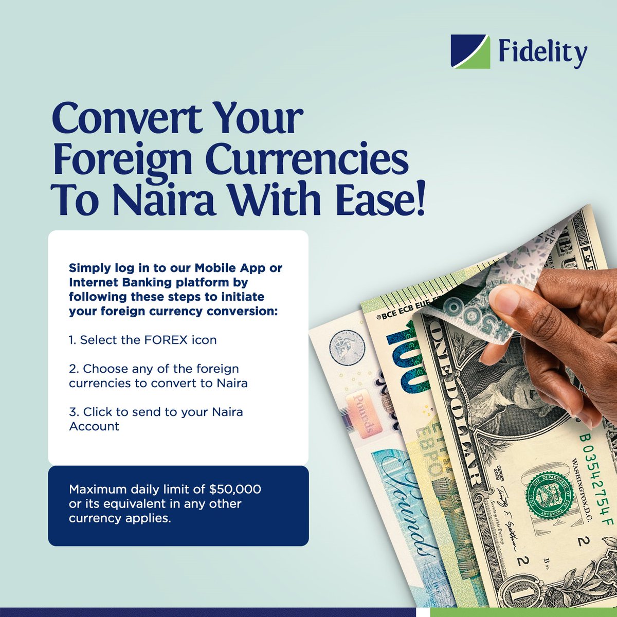 fidelitybankplc's tweet photo. Say goodbye to currency exchange worries! You can now change your foreign currencies to Naira easily on our newly updated mobile app or internet banking. ✨
Terms and conditions apply.

#WeAreFidelity #FidelityBankPlc
#TheLifestyleBank  #EasyBanking https://t.co/Ny5LqU3Pho