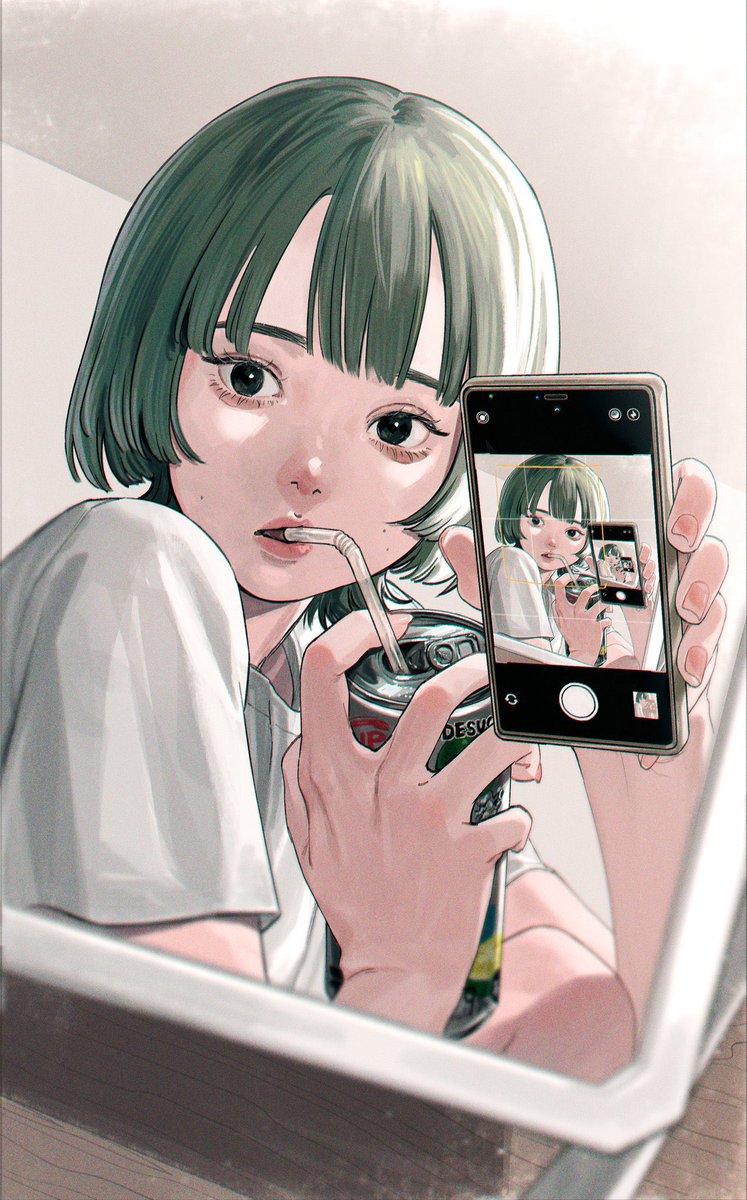 1girl phone holding solo short hair drinking straw cellphone  illustration images