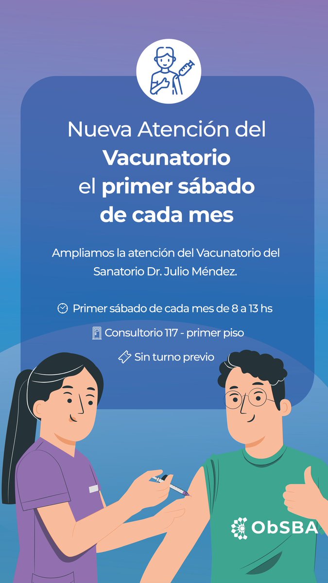 obsba's tweet photo. Atención del Vacunatorio el primer sábado de cada mes.

Sanatorio Méndez, consultorio 117, primer piso, de 8 a 13 hs
Sin turno previo. 

#SanatorioMéndez
#ObSBA https://t.co/O4r0TKIx9r