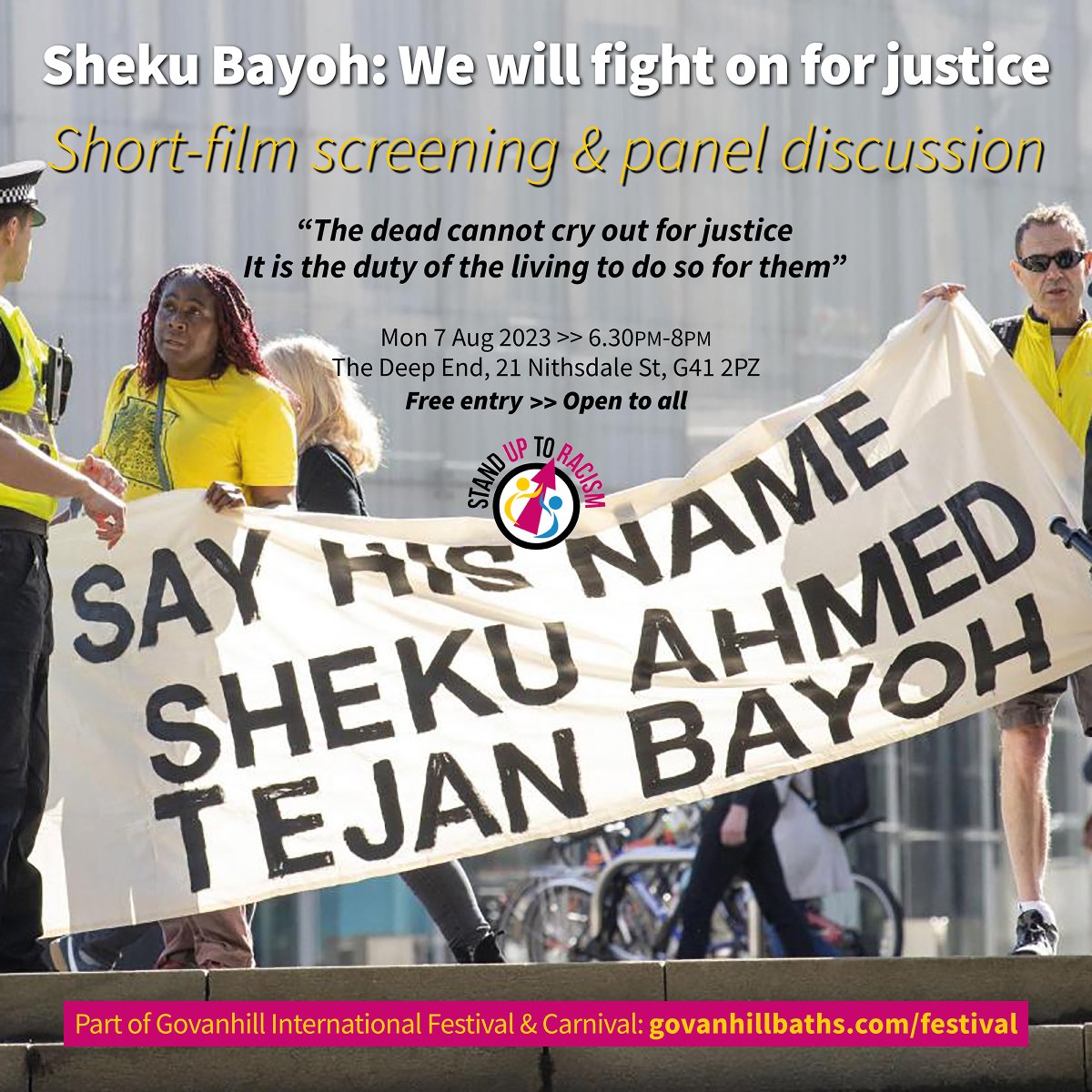 Part of @GovanhillFest, join screening of shortfilm A portrait of Sheku Bayoh followed by panel w/ Layla-Roxanne Hill <a href="/STUC_BWC/">STUC Black Workers</a>, <a href="/LynmarieOHara5/">Lyn marie O'Hara</a> <a href="/unison_glasgow/">Unison Glasgow City</a> &amp; <a href="/zamardzahid/">.</a> <a href="/AntiRacismDay/">Stand Up To Racism</a>
Come &amp; get involved in supporting the family's struggle for the truth #Justice4ShekuBayoh