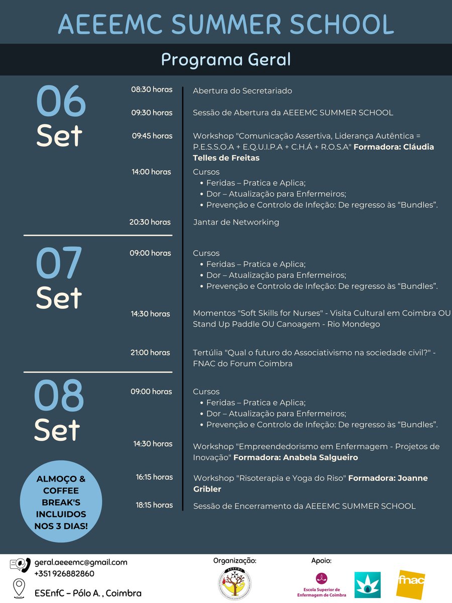 AEEEMC1's tweet photo. Já pode inscrever-se na AEEEMC SUMMER SCHOOL que irá decorrer nos dias 6, 7 e 8 de setembro na ESEnfC. 🔥
Consulte todo o programa que preparámos para estes dias cheios de aprendizagem e convívio e inscreva-se aqui: https://t.co/uwCo8QEL9R https://t.co/DV0HRmTrD7