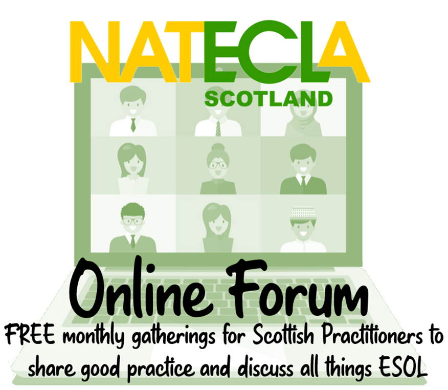 Our next ONLINE FORUM is on Thurs 31st August, 7-8pm UK time on Zoom. Join @quin_rosie to talk about 'ESOL Literacy. No materials? No problem! Using and expanding LEA to really hear our learners’ voices.' For more info & to book: nateclascotland.wordpress.com/webinars/ Please RT 🙏