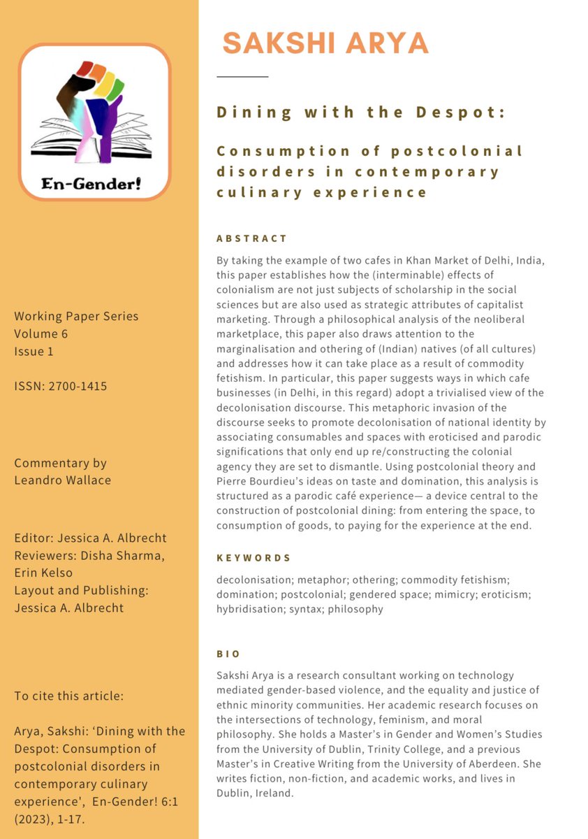 EnGenderUni's tweet photo. New article!
SAKSHI ARYA: „Dining with the Despot:
Consumption of postcolonial disorders in contemporary culinary experience“
#decolonisation #metaphor #othering #commodity #fetishism #domination #postcolonial #genderedspace #mimicry #eroticism #hybridisation https://t.co/k6fw8ozX0a