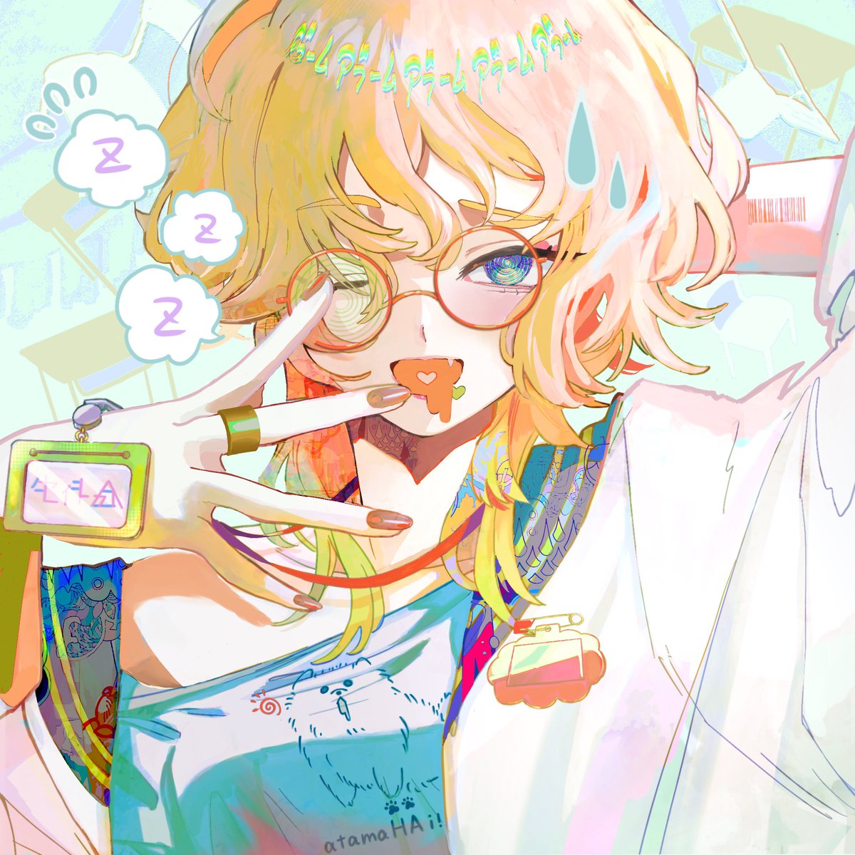 1girl solo glasses shirt blonde hair blue eyes looking at viewer  illustration images