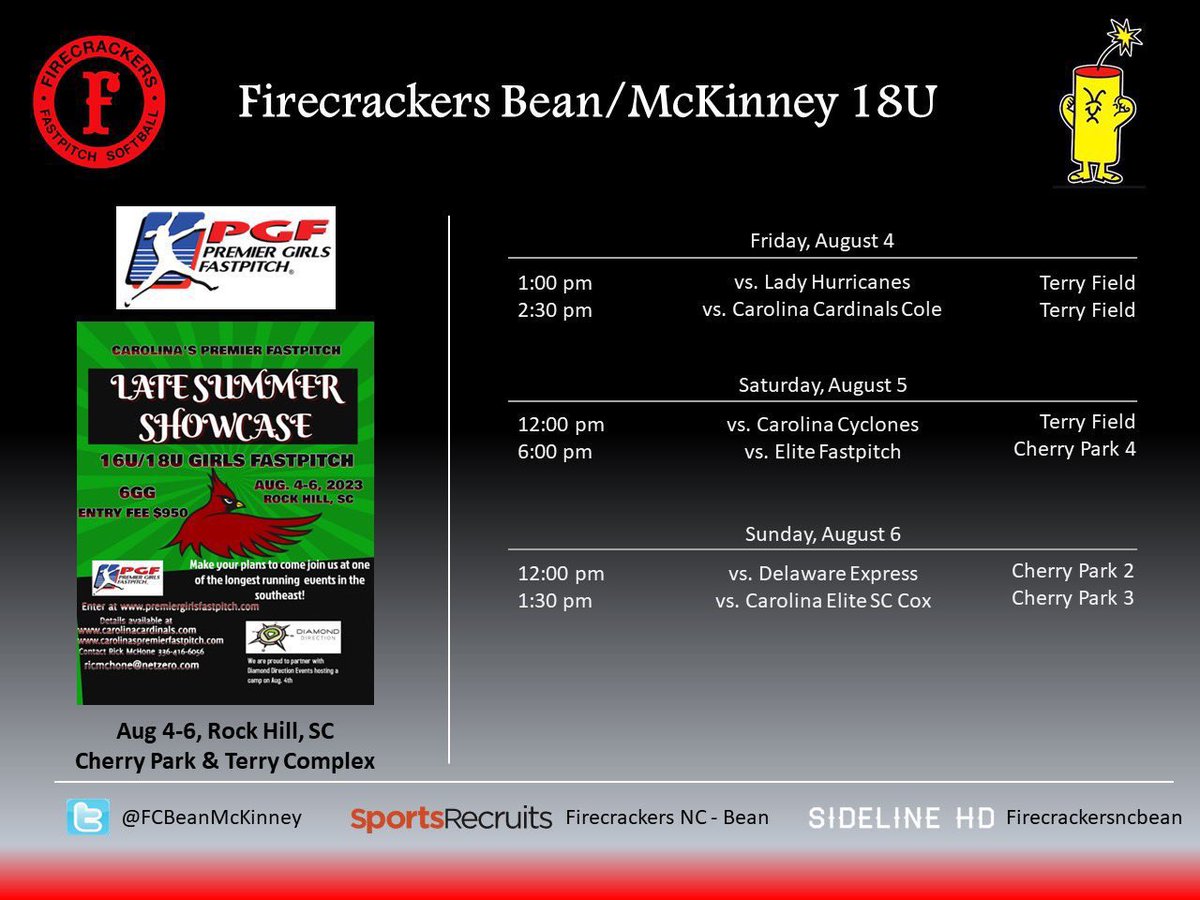 Excited to hit the field this weekend in Rockhill. Coaches come check us out we have some amazing talent on this team. <a href="/FCBeanMcKinney/">Firecrackers NC Bean/McKinney</a>  <a href="/FieldLevel/">FieldLevel</a> <a href="/Sports_Recruits/">SportsRecruits</a> <a href="/lynchburg_sb/">Lynchburg Softball</a>