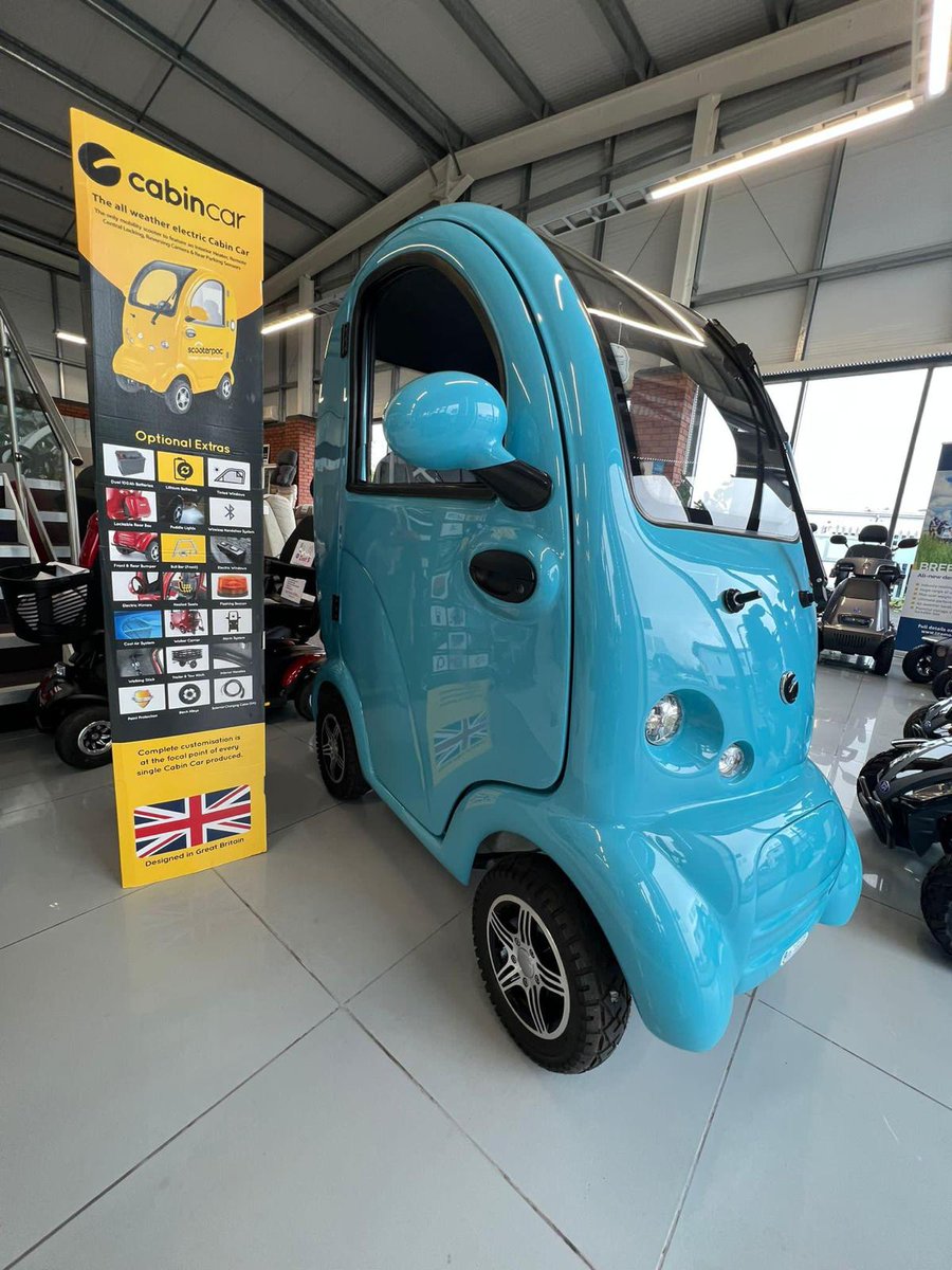 Cabin Car MK2 Plus in Ice Blue. This is an ex demonstrator and comes with a 1 year warranty. Located at our #Melksham showroom. lifeandmobility.co.uk/product/cabin-… 
#mobilityscooter #cabincar