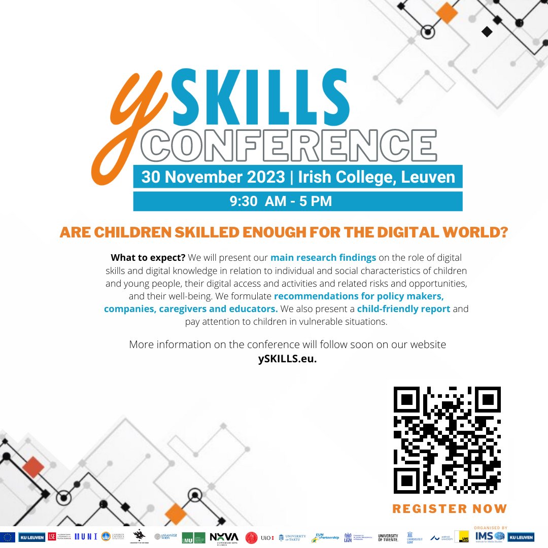 ySKILLS_eu's tweet photo. ySKILLS final conference with the theme “Are children skilled enough for the digital world?” will be held at the Irish College in Leuven.
Conference registration is free, but required: https://t.co/qKgPyA7C9T
@HorizonEU #digitalskills @ims_kul #H2020 #YOUTH #conference https://t.co/OtcvgiBQEA