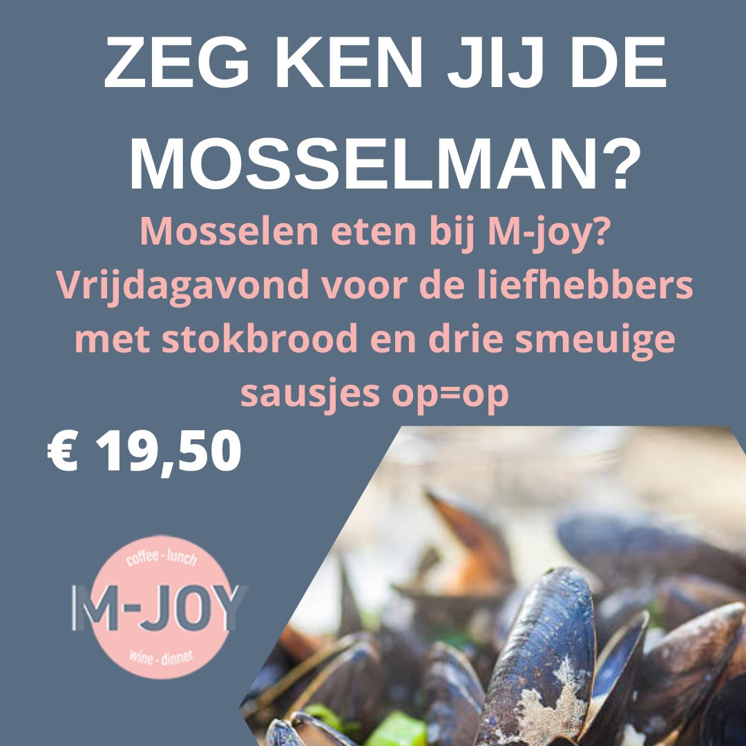 MjoyCoffeeFood's tweet photo. Het is toch wat. De mosselen waren vorige week een groot succes dat wij er eigenlijk niet omheen kunnen. Dus is de daghap voor vrijdagavond opnieuw MOSSELEN. De mosselen worden weer op klassieke wijze bereid. Daarbij serveren wij knapperig stokbrood en drie lekkere sausjes https://t.co/mRvr3UsQmL