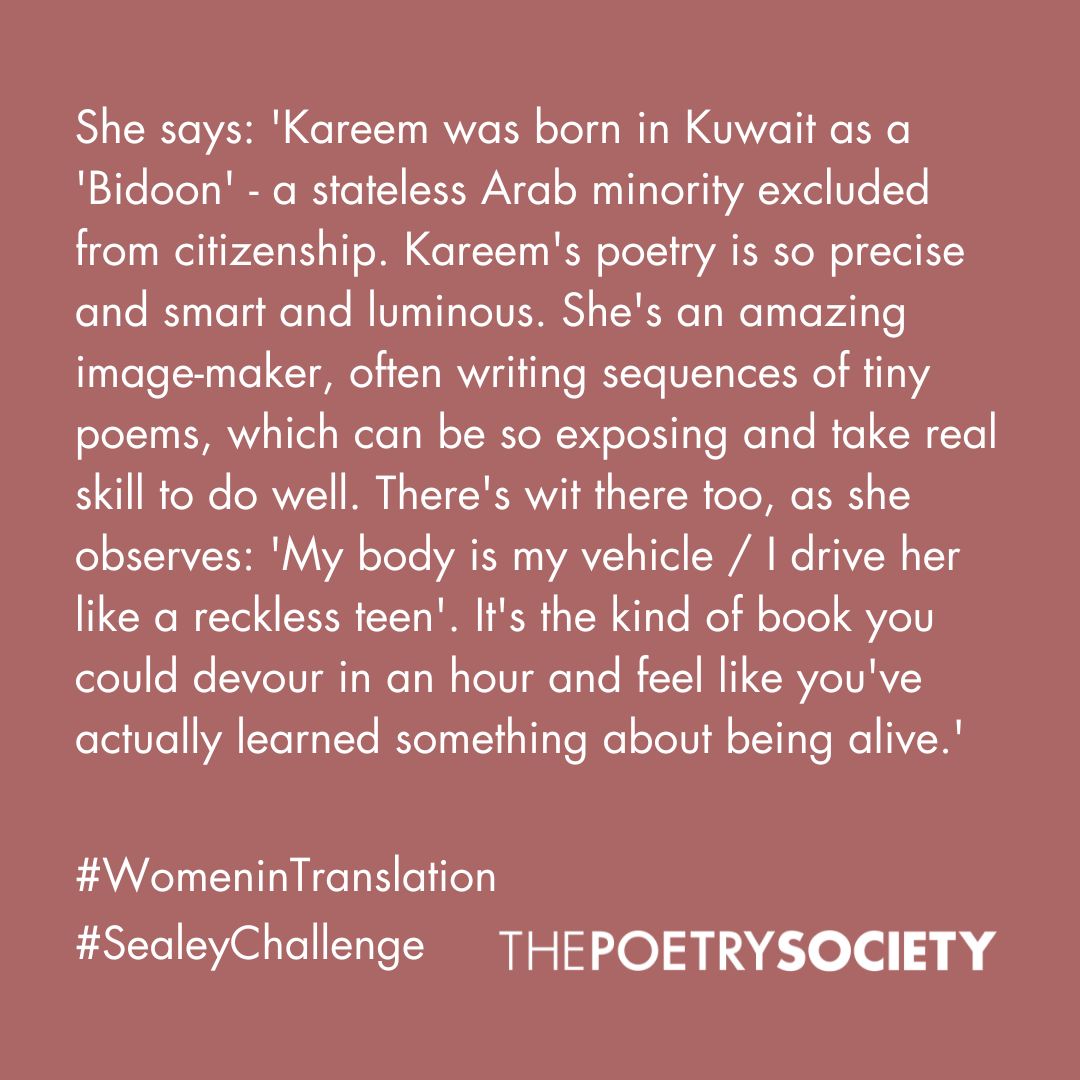 On the third day of the #SealeyChallenge, the challenge to read a poetry book every day in August, #NationalPoetryCompetition judge, Clare Pollard recommends 'I Will Not Fold These Maps' by Mona Kareem, translated by Sara Elkamel, published by @PoetryTranslate.