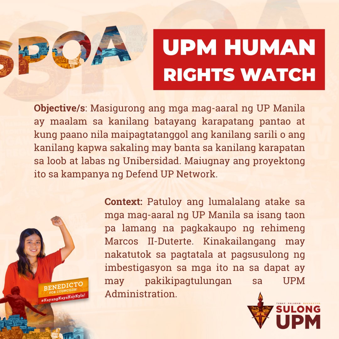 SulongUPM's tweet photo. KAYANG-KAYA NGA BA KAY KYLA? 🤔

Ito ang specific plans of actions ni KYLA BENEDICTO, ang susunod na USC COUNCILOR FOR PEOPLE’S STRUGGLES COMMITTEE, upang dugtungan ang kaalaman ng mga estudyante, makiisa sa masa, at iangat ang karapatan ng bawat sektor. (1/2)

#KayangKayaKayKyla https://t.co/pPnR3o2bZJ