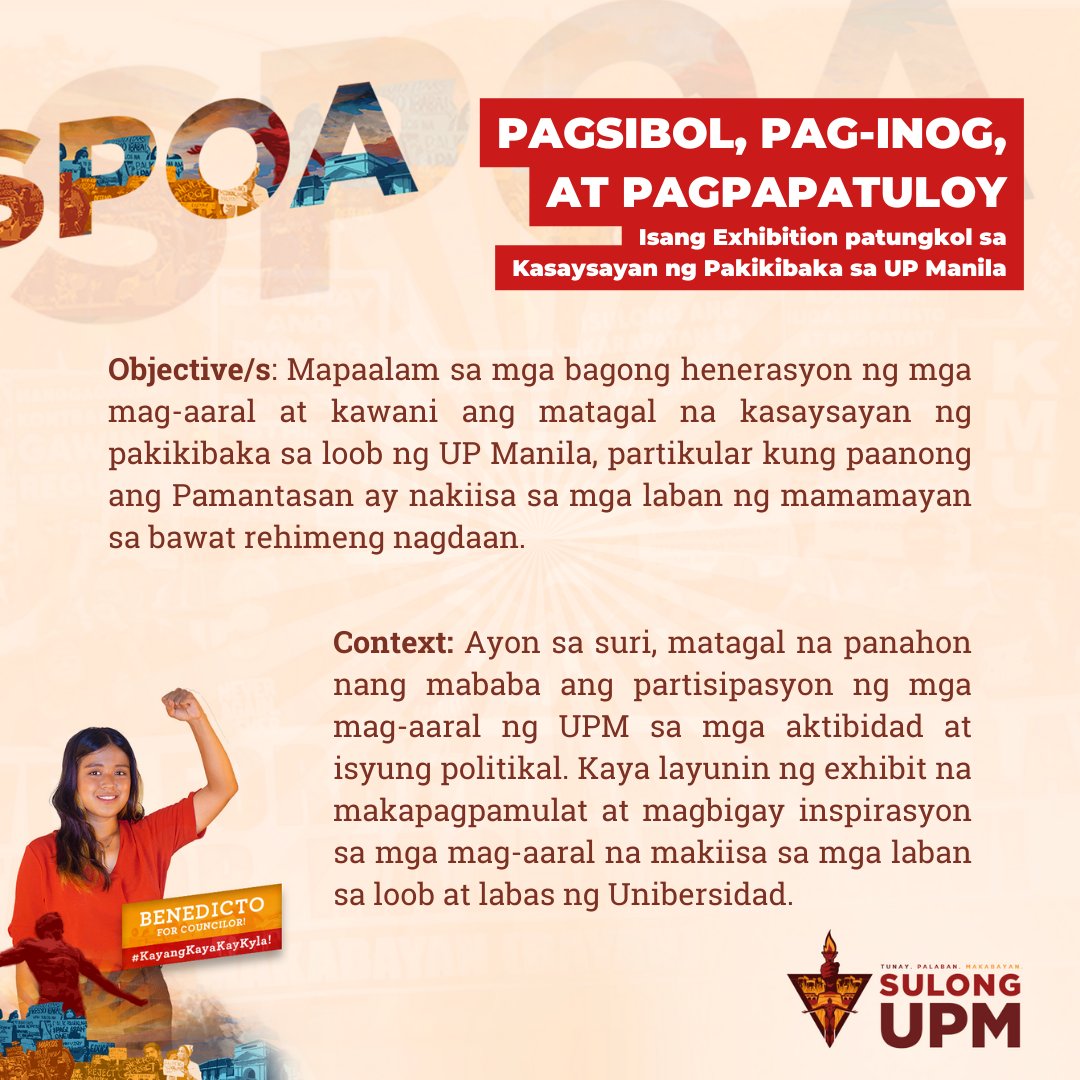 SulongUPM's tweet photo. KAYANG-KAYA NGA BA KAY KYLA? 🤔

Ito ang specific plans of actions ni KYLA BENEDICTO, ang susunod na USC COUNCILOR FOR PEOPLE’S STRUGGLES COMMITTEE, upang dugtungan ang kaalaman ng mga estudyante, makiisa sa masa, at iangat ang karapatan ng bawat sektor. (1/2)

#KayangKayaKayKyla https://t.co/pPnR3o2bZJ