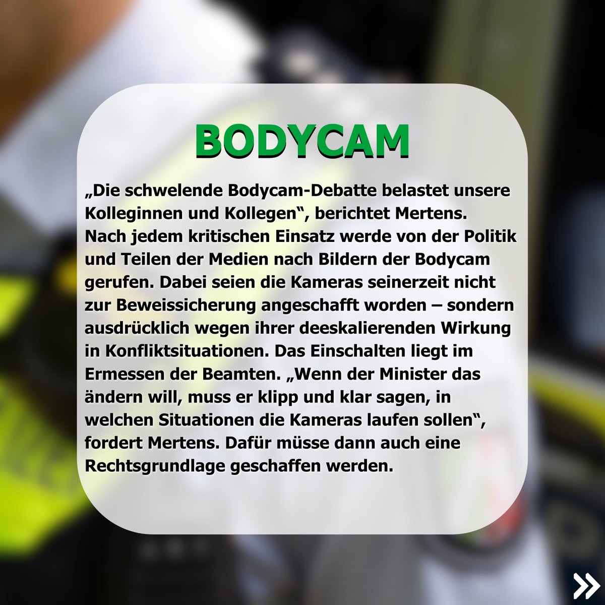 gdp_nrw's tweet photo. Diskussionen um die #Bodycam, die nicht erhöhten Zuschläge und die überlange #Wochenarbeitszeit, vakante #Behördenleitungen: „Bei wichtigen #Polizeithemen verharren #Politik und #Innenminister im Ungefähren – das kann nicht so bleiben“, klagt #GdP -#NRW #Chef Michael Mertens. https://t.co/eoWwW2Nxig