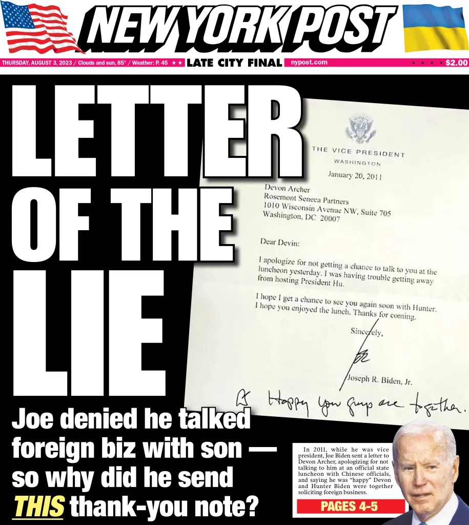 Today's New York Post cover of lying Joe.