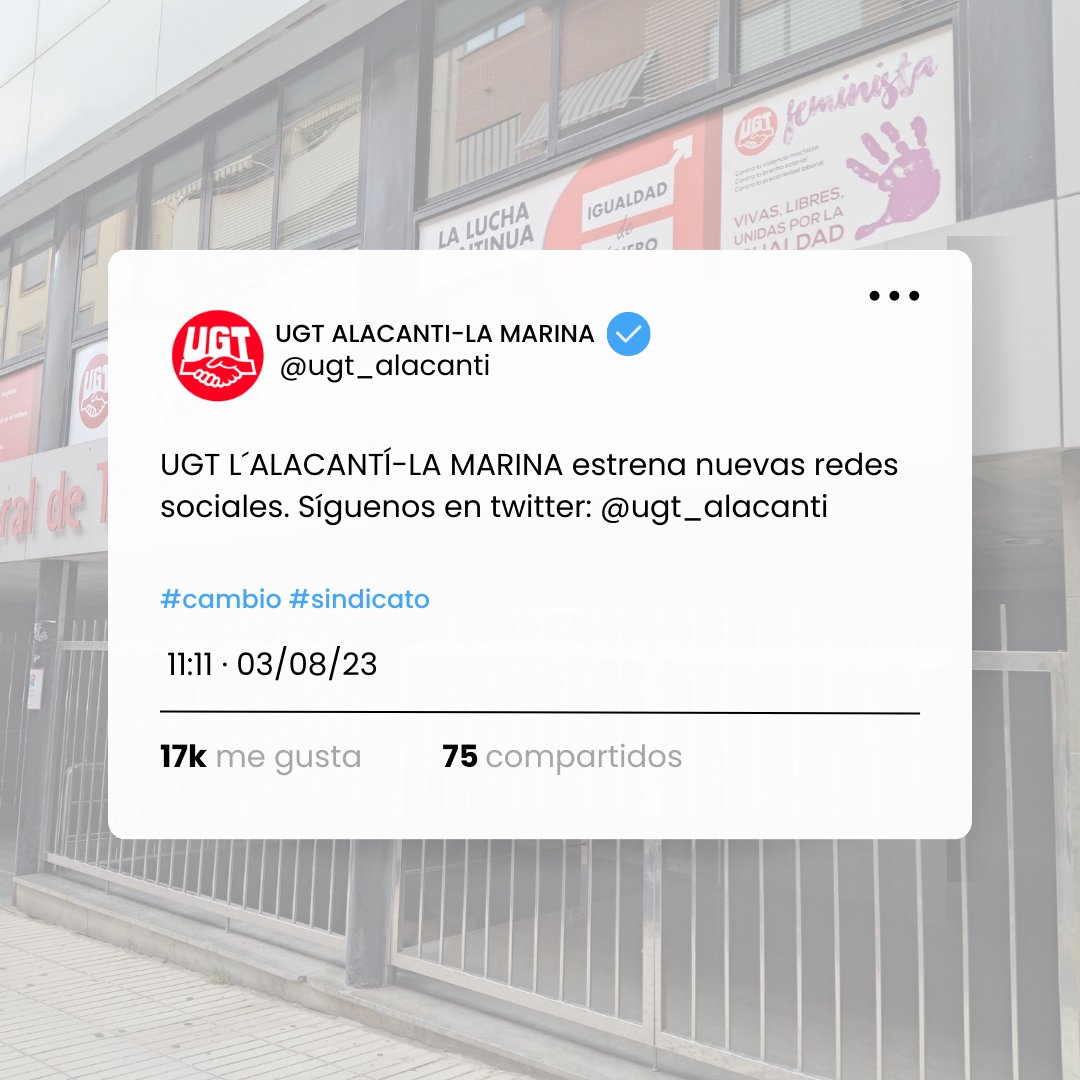 ATENCIÓN ESTRENAMOS NUEVAS REDES SOCIALES! 
Siéguenos en <a href="/ugt_alacanti/">UGT ALACANTI-LA MARINA</a> 
No dudes en seguirnos. 

<a href="/UGTPV/">UGT País Valencià</a>