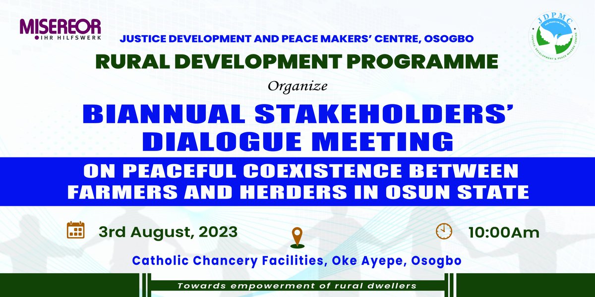 Justice Development and Peace Makers' Centre (@jdpmcosogbo1) on Twitter photo Happening Now!
Biannual Stakeholders' Daoligue Meeting on Peaceful Co-existence between Farmers and Herders in Osun State organized by the <a href="/jdpmcosogbo1/">Justice Development and Peace Makers' Centre</a> with support from <a href="/Misereor/">Misereor</a>.
#peacefulcoexistence
#herdersfarmersconflictresolution
#sustainableagriculture Happening Now!
Biannual Stakeholders' Daoligue Meeting on Peaceful Co-existence between Farmers and Herders in Osun State organized by the <a href="/jdpmcosogbo1/">Justice Development and Peace Makers' Centre</a> with support from <a href="/Misereor/">Misereor</a>.
#peacefulcoexistence
#herdersfarmersconflictresolution
#sustainableagriculture